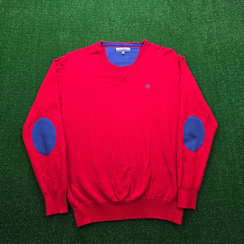 El Ganso Sweater Mens‎ 2XL Red V-Neck Knit Pullover Blue Elbow Patches Preppy